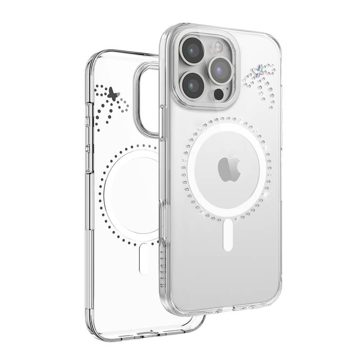 جراب Levelo Butterfly Magsafe لهاتف iPhone 16 Pro بلمسة نهائية من الكريستال الفاخر، ومواد TPU فائقة الرقة، وكريستالات سواروفسكي، وتقنية Clearview، ومغناطيس Magsafe قوي - شفاف