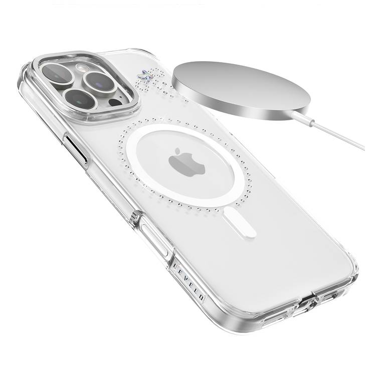 جراب Levelo Butterfly Magsafe لهاتف iPhone 16 Pro بلمسة نهائية من الكريستال الفاخر، ومواد TPU فائقة الرقة، وكريستالات سواروفسكي، وتقنية Clearview، ومغناطيس Magsafe قوي - شفاف