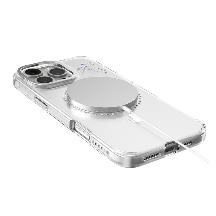 جراب Levelo Butterfly Magsafe لهاتف iPhone 16 Pro بلمسة نهائية من الكريستال الفاخر، ومواد TPU فائقة الرقة، وكريستالات سواروفسكي، وتقنية Clearview، ومغناطيس Magsafe قوي - شفاف