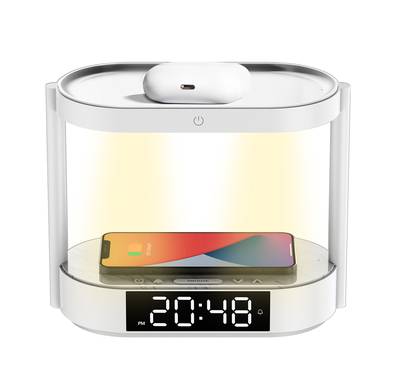 Porodo Bedside Light with Wireless Charger and Digital Clock, 3 Brightness Levels, Dual Wireless Charging, Alarm and Snooze Function, Digital Display - White