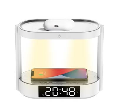 Porodo Bedside Light with Wireless Charger and Digital Clock, 3 Brightness Levels (Low, Medium, High), Dual Wireless Charging, Alarm and Snooze Function - White