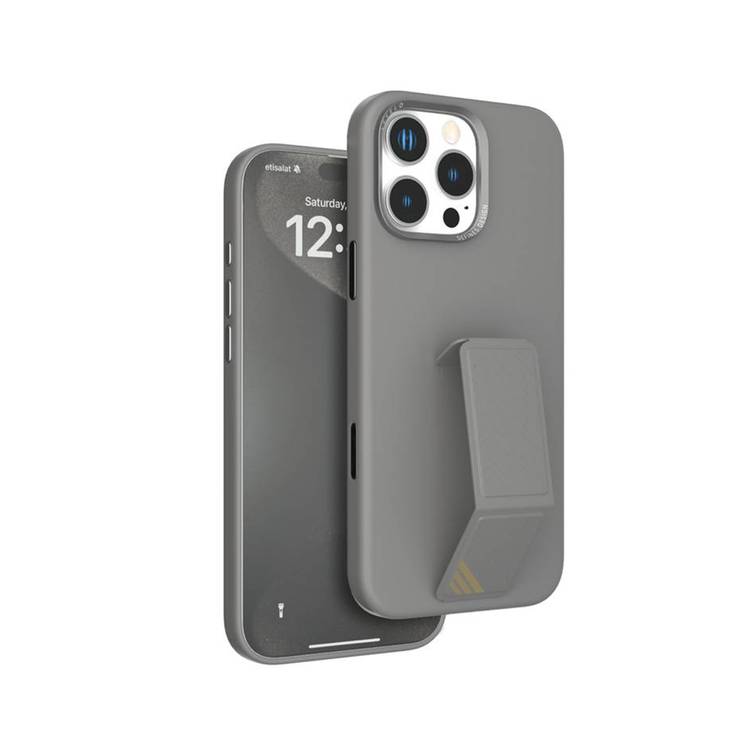 Levelo Morphix Silicone Case with Leather Grip for iPhone 16 Pro, Metal Camera Ring, Multi-Functional Kickstand, Impact-Resistant Corners, Super Durable Materials - Gray