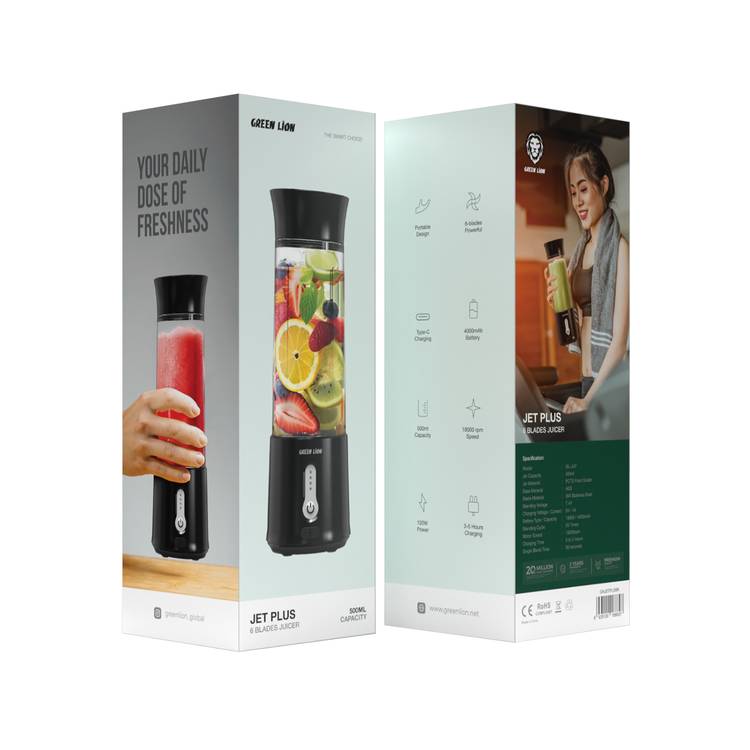 Green Lion Jet Plus 6-Bladed Juicer with 18000rpm Motor Speed, 500mL Jar Capacity, 4000mAh Battery Capacity, 20 Blending Cycles per Charge - Black