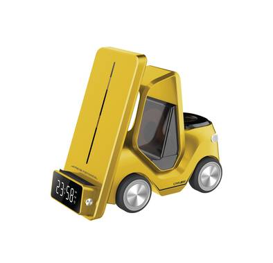 Green Lion Forklift 5 in 1 Wireless Charger, Night Light, Digital Clock, Earpod Charger 5W/Smart Watch 2.5W/Smart Phone 15W  - Yellow