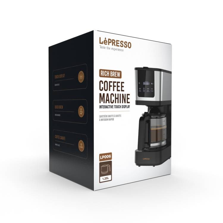 LePresso Drip Coffee Machine with Interactive Touch Display, 400mL Travel Mug Capacity, 10 Cups Coffee Carafe, Washable Nylon Filter, Keep Warm Function, Quick Drew, 1.38L Water Tank Capacity - Black