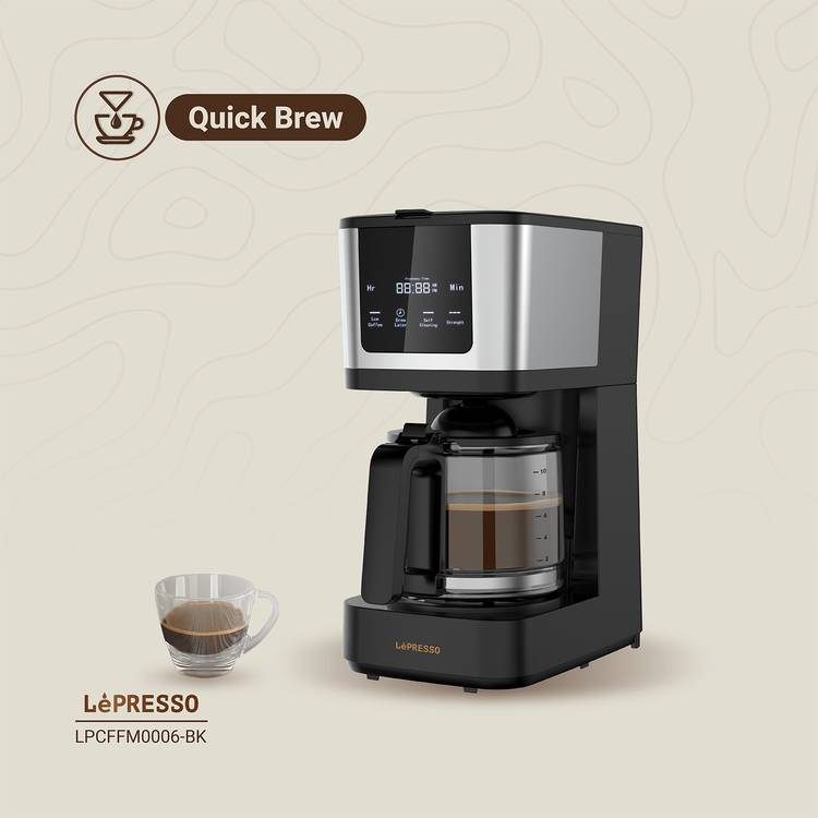 LePresso Drip Coffee Machine with Interactive Touch Display, 400mL Travel Mug Capacity, 10 Cups Coffee Carafe, Washable Nylon Filter, Keep Warm Function, Quick Drew, 1.38L Water Tank Capacity - Black