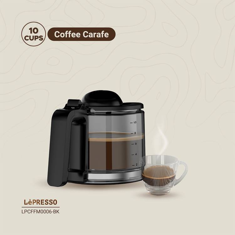 LePresso Drip Coffee Machine with Interactive Touch Display, 400mL Travel Mug Capacity, 10 Cups Coffee Carafe, Washable Nylon Filter, Keep Warm Function, Quick Drew, 1.38L Water Tank Capacity - Black