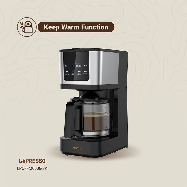 LePresso Drip Coffee Machine with Interactive Touch Display, 400mL Travel Mug Capacity, 10 Cups Coffee Carafe, Washable Nylon Filter, Keep Warm Function, Quick Drew, 1.38L Water Tank Capacity - Black