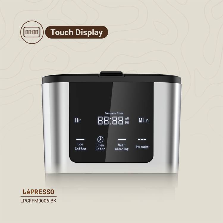 LePresso Drip Coffee Machine with Interactive Touch Display, 400mL Travel Mug Capacity, 10 Cups Coffee Carafe, Washable Nylon Filter, Keep Warm Function, Quick Drew, 1.38L Water Tank Capacity - Black