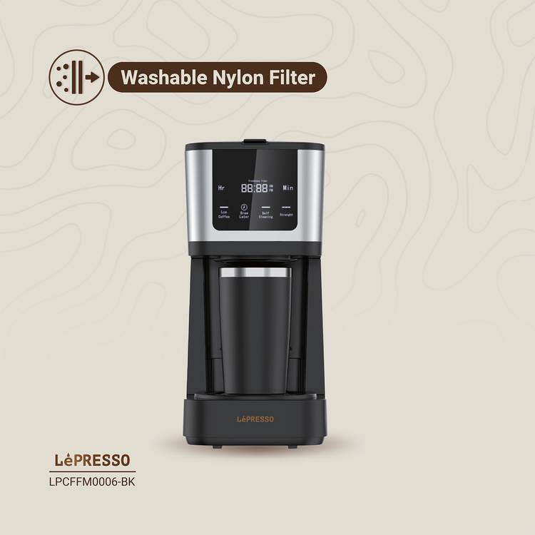 LePresso Drip Coffee Machine with Interactive Touch Display, 400mL Travel Mug Capacity, 10 Cups Coffee Carafe, Washable Nylon Filter, Keep Warm Function, Quick Drew, 1.38L Water Tank Capacity - Black