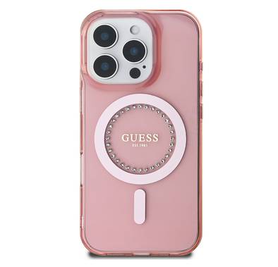 GUESS MagSafe IML Hard Case with Rhinestones Design for iPhone 16 Pro, Easy Snap-On, Drop Protection, Slim Profile - Pink