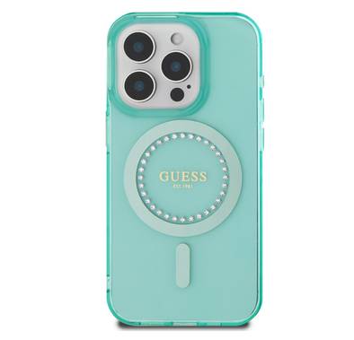 GUESS MagSafe IML Hard Case with Rhinestones Design for iPhone 16 Pro, Easy Snap-On, Drop Protection, Slim Profile - Green