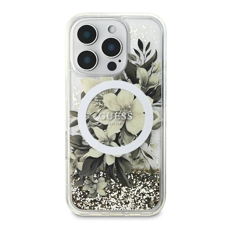 GUESS MagSafe Liquid Glitter Hard Case with Flower Design for iPhone 16 Pro Max, Drop Protection, Accurate Cutouts, Shock-Absorption, Slim Profile - Beige
