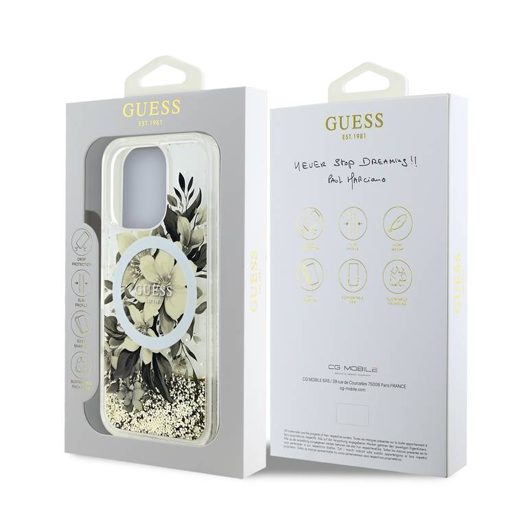GUESS MagSafe Liquid Glitter Hard Case with Flower Design for iPhone 16 Pro Max, Drop Protection, Accurate Cutouts, Shock-Absorption, Slim Profile - Beige