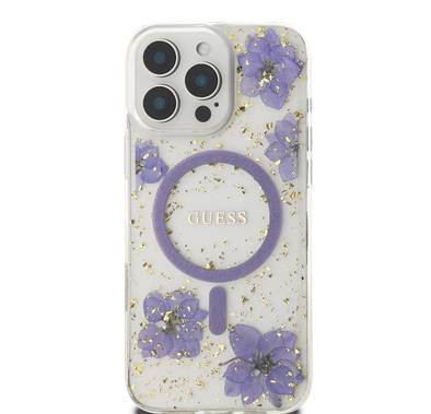 Guess MagSafe Hard Case with Resin Flowers Design for iPhone 16 Pro, Drop protection, Comfortable Grip - Purple