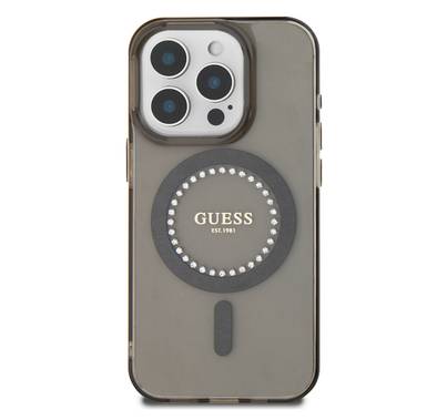GUESS MagSafe IML Hard Case with Rhinestones Design for iPhone 16 Pro, Easy Snap-On, Drop Protection, Slim Profile - Black