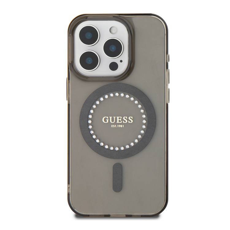 GUESS MagSafe IML Hard Case with Rhinestones Design for iPhone 16 Pro, Easy Snap-On, Drop Protection, Slim Profile - Black