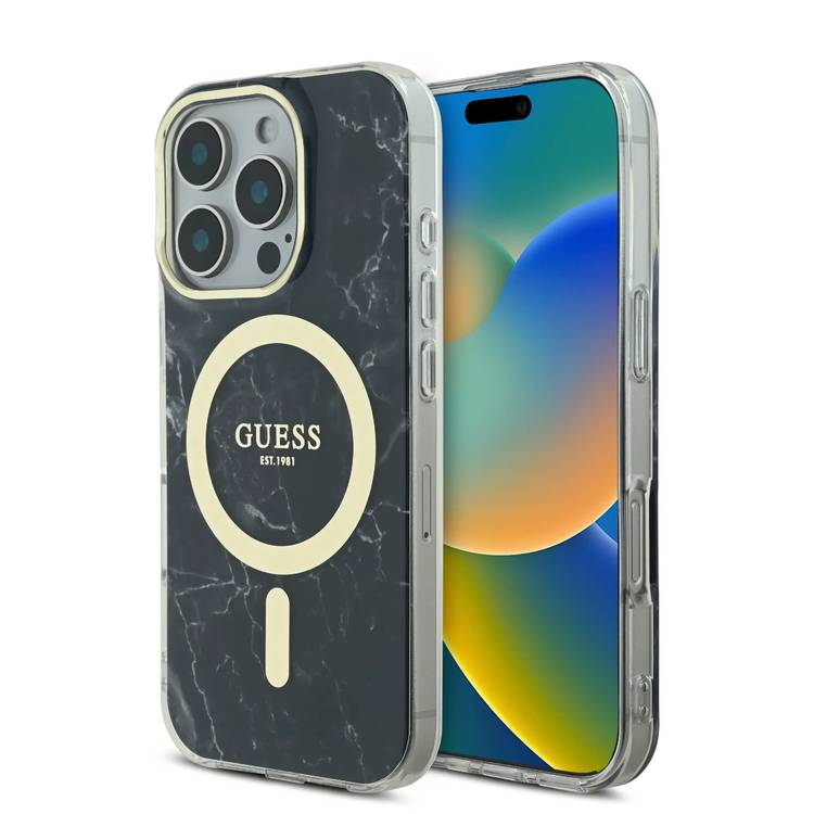 Guess Magsafe IML Hard Case with Marble Design for iPhone 16 Pro Max, Comfortable Grip, Easy Snap-On, Precise Port Cutouts - Black