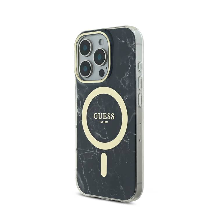 Guess Magsafe IML Hard Case with Marble Design for iPhone 16 Pro Max, Comfortable Grip, Easy Snap-On, Precise Port Cutouts - Black