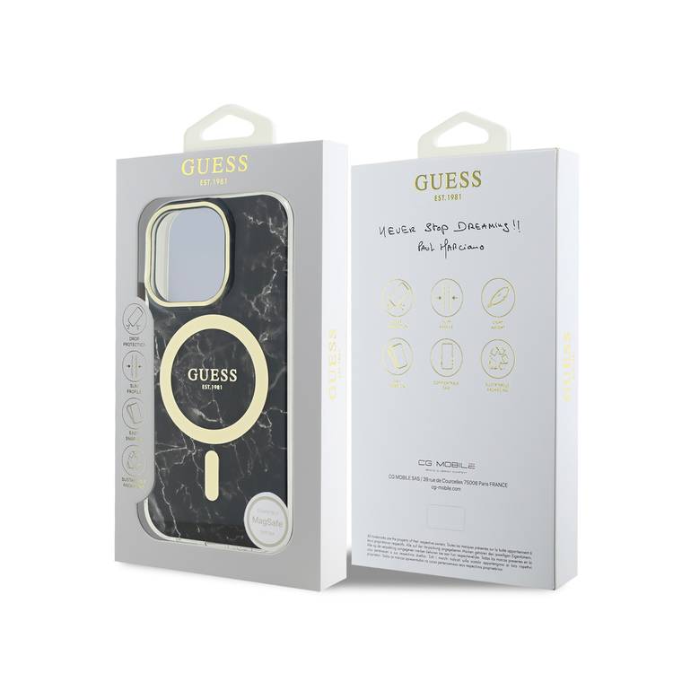Guess Magsafe IML Hard Case with Marble Design for iPhone 16 Pro Max, Comfortable Grip, Easy Snap-On, Precise Port Cutouts - Black