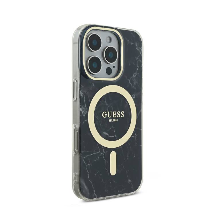 Guess Magsafe IML Hard Case with Marble Design for iPhone 16 Pro Max, Comfortable Grip, Easy Snap-On, Precise Port Cutouts - Black