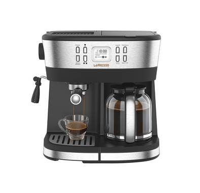 LePresso 2-in-1 Espresso Coffee Machine with Built-in Milk Steamer, 20-Bar Pump Pressure, Flow Meter, Adjustable Temperature, Nespresso Compatibility, 10-Cup Coffee Carafe - Black