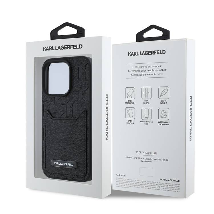 Karl Lagerfeld PU Hard Case for iPhone 16 Pro with Card Slot & Monogram Design Logo, Drop Protection, Easy Snap-on, Slim Profile, Lightweight, Sustainable Packaging - Black