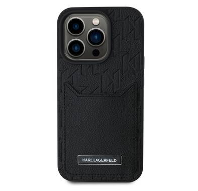 Karl Lagerfeld PU Hard Case for iPhone 16 Pro with Card Slot & Monogram Design Logo, Drop Protection, Easy Snap-on, Slim Profile, Lightweight, Sustainable Packaging - Black