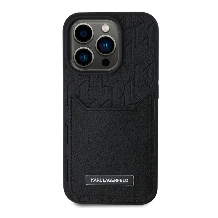 Karl Lagerfeld PU Hard Case for iPhone 16 Pro with Card Slot & Monogram Design Logo, Drop Protection, Easy Snap-on, Slim Profile, Lightweight, Sustainable Packaging - Black