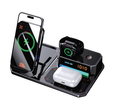 Green Lion 6-in-1 Multifunctional Wireless Charger with Bluetooth Speaker, 15W Maximum Wireless Power Output, One Touch Auto Lift, Digital Clock - Black