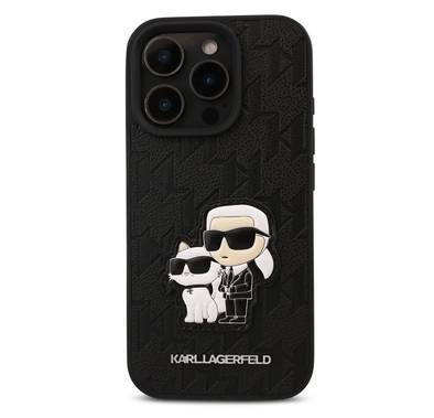 Karl Lagerfeld PU Hard Case for iPhone 16 Pro Max with Monogram Karl & Choupette Patch, Slim Profile, Drop Protection, Lightweight, Comfortable Grip, Easy Snap-on - Black
