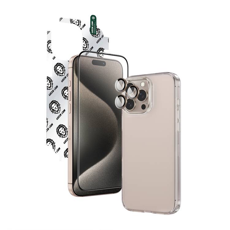 Green Lion 4-in-1 Defender Pack for iPhone 16 Pro, Anti-Shock Case, Nano HD Full Protection, Camera Lens Film, 3D Pet HD Glass - Copper Gold 