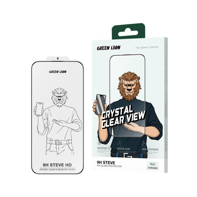 Green Lion 9H Steve HD Glass Protector for iPhone 16 Pro, Bubble Free, Highly Responsive, Anti Fingerprint, Anti Scratch - Clear