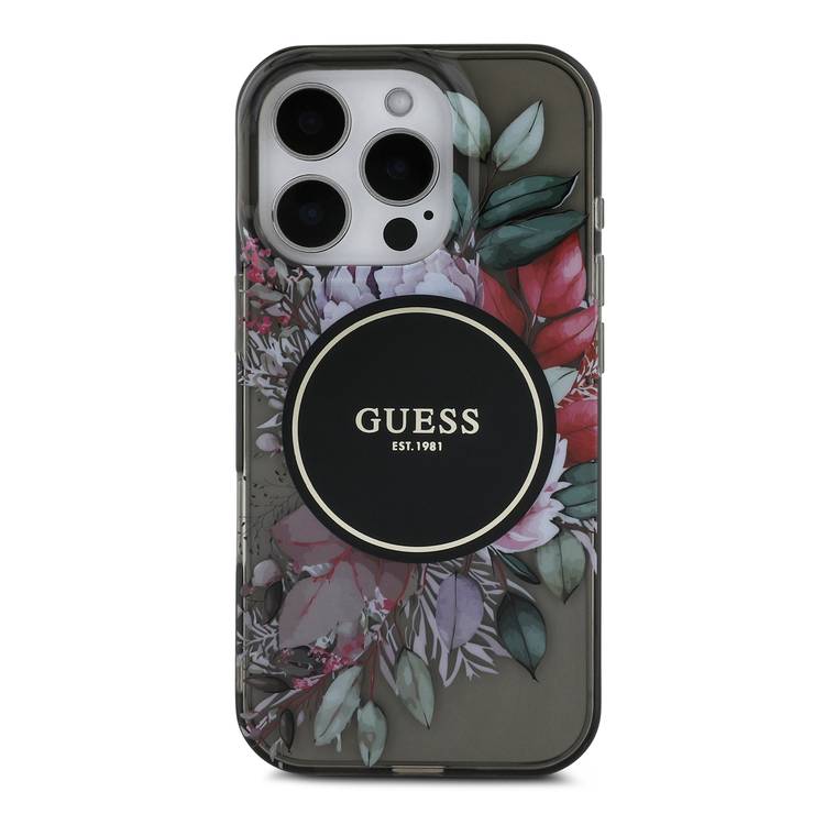 Guess Magsafe IML Hard Case with Flower Design & Pearl Strap for iPhone 16 Pro Max, Drop Protection, Slim Fit, Accurate Cutouts, Easy Snap-On - Black