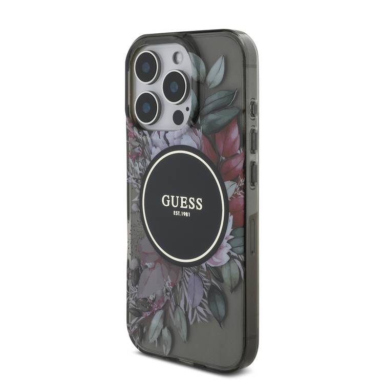 Guess Magsafe IML Hard Case with Flower Design & Pearl Strap for iPhone 16 Pro Max, Drop Protection, Slim Fit, Accurate Cutouts, Easy Snap-On - Black