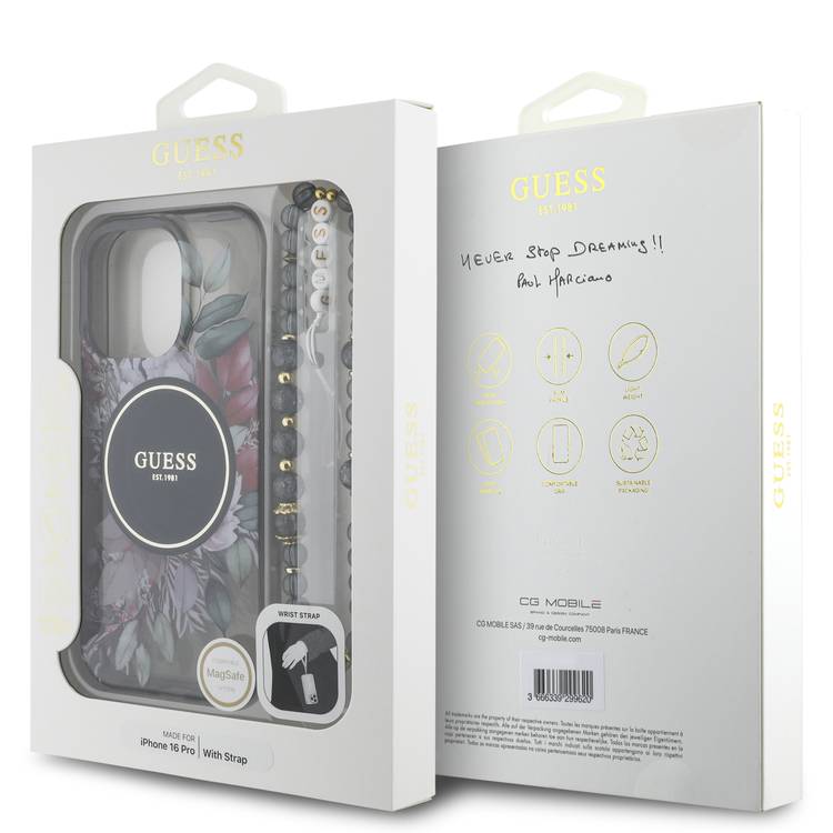 Guess Magsafe IML Hard Case with Flower Design & Pearl Strap for iPhone 16 Pro Max, Drop Protection, Slim Fit, Accurate Cutouts, Easy Snap-On - Black