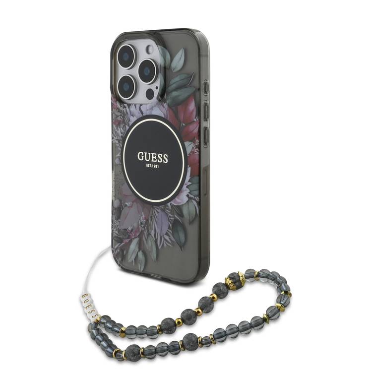 Guess Magsafe IML Hard Case with Flower Design & Pearl Strap for iPhone 16 Pro Max, Drop Protection, Slim Fit, Accurate Cutouts, Easy Snap-On - Black