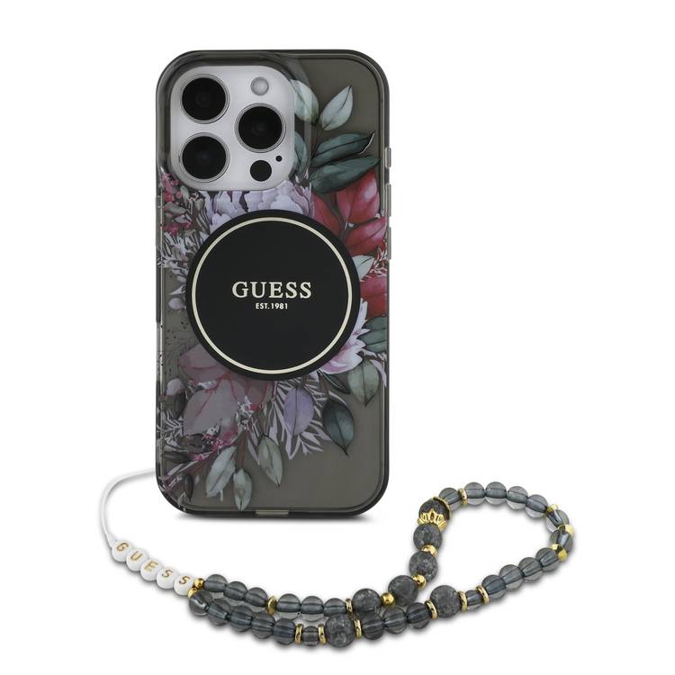 Guess Magsafe IML Hard Case with Flower Design & Pearl Strap for iPhone 16 Pro Max, Drop Protection, Slim Fit, Accurate Cutouts, Easy Snap-On - Black