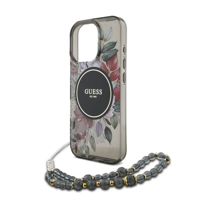 Guess Magsafe IML Hard Case with Flower Design & Pearl Strap for iPhone 16 Pro Max, Drop Protection, Slim Fit, Accurate Cutouts, Easy Snap-On - Black