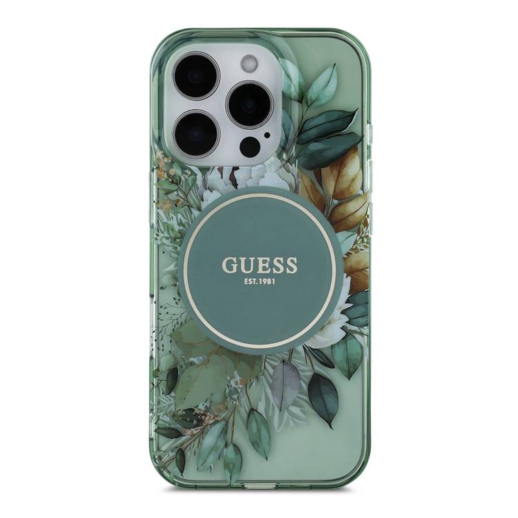 Guess Magsafe IML Hard Case with Flower Design & Pearl Strap for iPhone 16 Pro Max , Drop Protection, Slim Fit, Accurate Cutouts, Easy Snap-On - Green