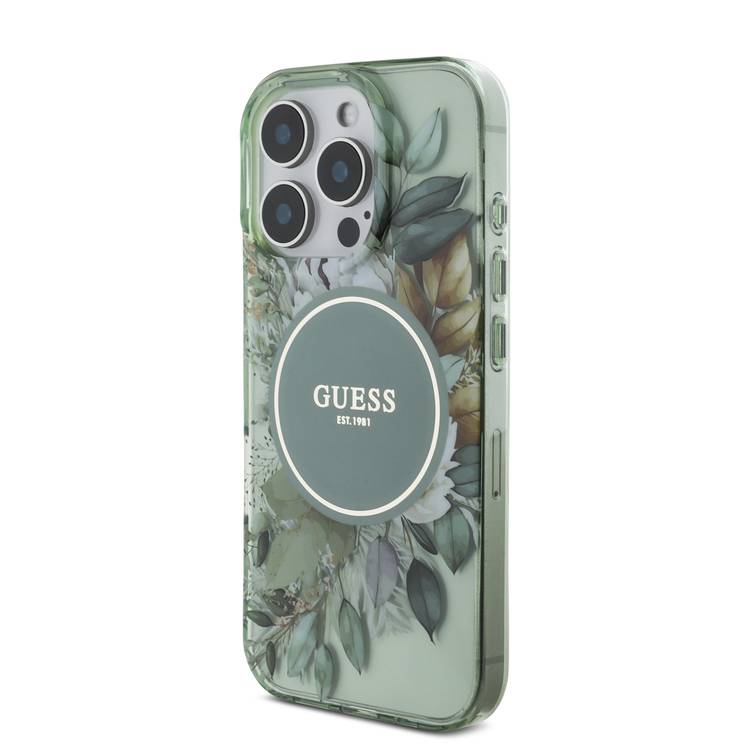 Guess Magsafe IML Hard Case with Flower Design & Pearl Strap for iPhone 16 Pro Max , Drop Protection, Slim Fit, Accurate Cutouts, Easy Snap-On - Green