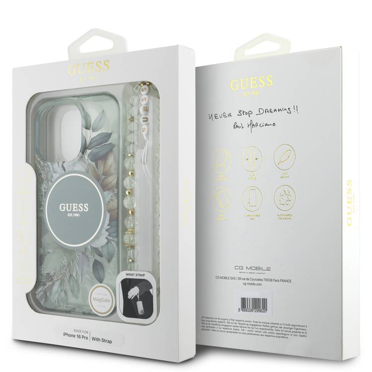 Guess Magsafe IML Hard Case with Flower Design & Pearl Strap for iPhone 16 Pro Max , Drop Protection, Slim Fit, Accurate Cutouts, Easy Snap-On - Green