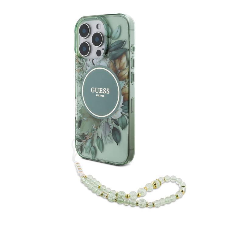 Guess Magsafe IML Hard Case with Flower Design & Pearl Strap for iPhone 16 Pro Max , Drop Protection, Slim Fit, Accurate Cutouts, Easy Snap-On - Green