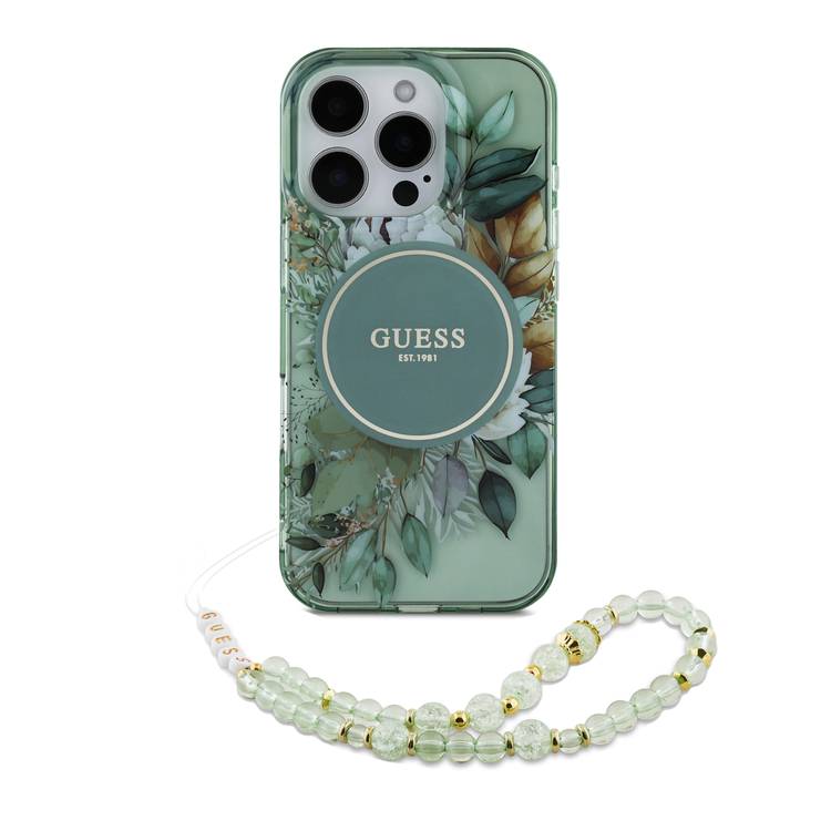 Guess Magsafe IML Hard Case with Flower Design & Pearl Strap for iPhone 16 Pro Max , Drop Protection, Slim Fit, Accurate Cutouts, Easy Snap-On - Green