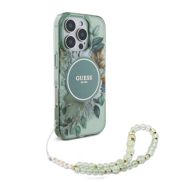 Guess Magsafe IML Hard Case with Flower Design & Pearl Strap for iPhone 16 Pro Max , Drop Protection, Slim Fit, Accurate Cutouts, Easy Snap-On - Green