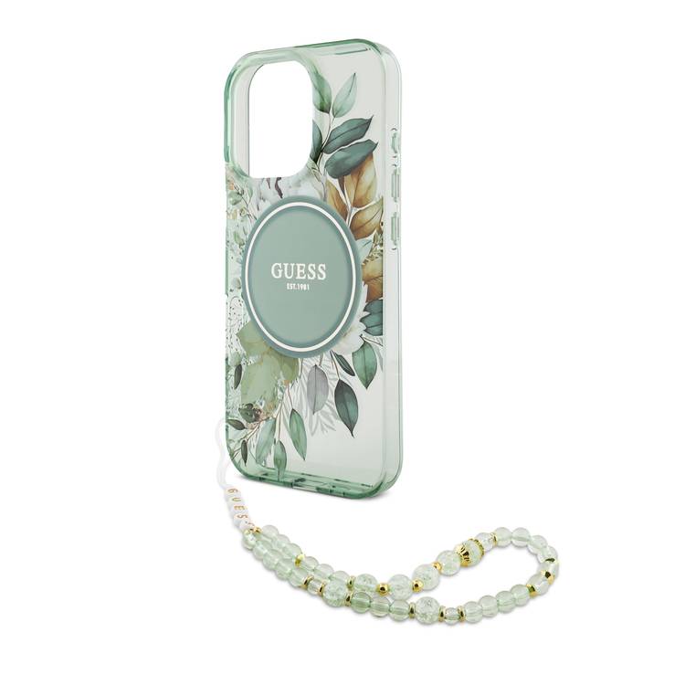 Guess Magsafe IML Hard Case with Flower Design & Pearl Strap for iPhone 16 Pro Max , Drop Protection, Slim Fit, Accurate Cutouts, Easy Snap-On - Green