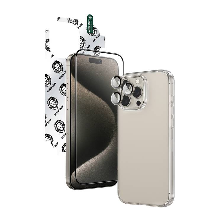 Green Lion 4-in-1 Defender Pack for iPhone 16 Pro, Anti-Shock Case, Nano HD Full Protection, Camera Lens Film, 3D Pet HD Glass - Titanium