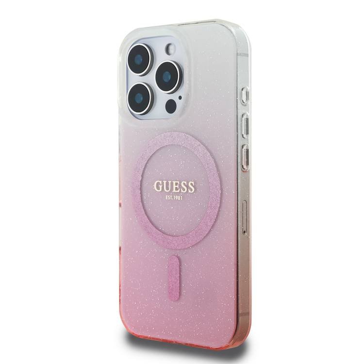GUESS Magsafe IML Glitter Gradient Hard Case for iPhone 16 Pro Max, Slim Profile, Easy Snap-On, Drop Protection - Pink