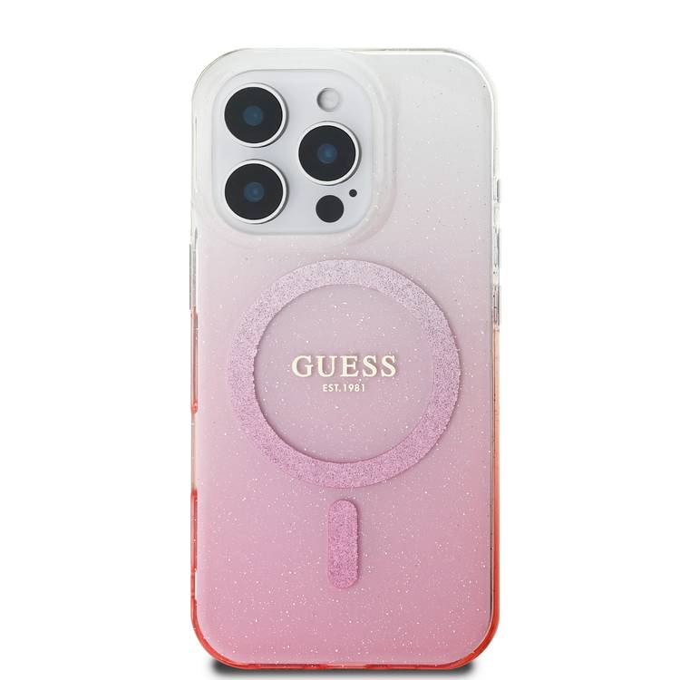 GUESS Magsafe IML Glitter Gradient Hard Case for iPhone 16 Pro Max, Slim Profile, Easy Snap-On, Drop Protection - Pink