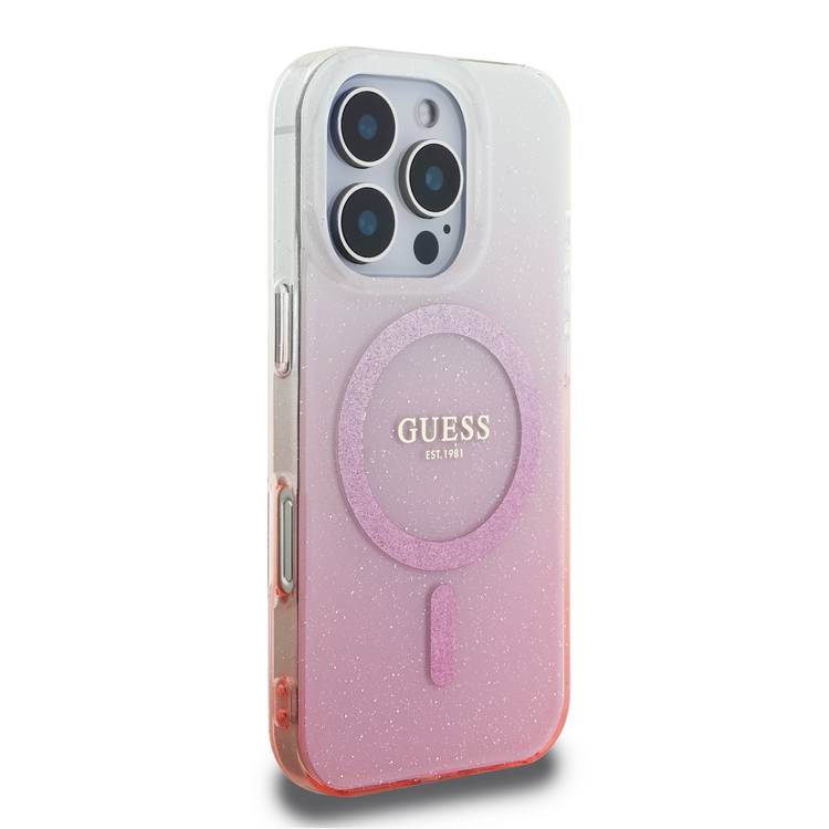 GUESS Magsafe IML Glitter Gradient Hard Case for iPhone 16 Pro Max, Slim Profile, Easy Snap-On, Drop Protection - Pink